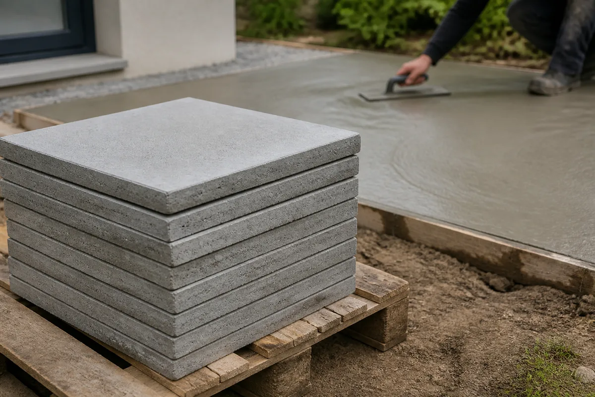 Chantier de terrasse avec dalle béton coulée en cours de talochage et dalles préfabriquées empilées à côté