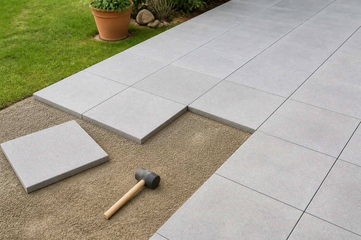 Dalles béton carrées posées sur lit de sable avec joints réguliers dans un jardin