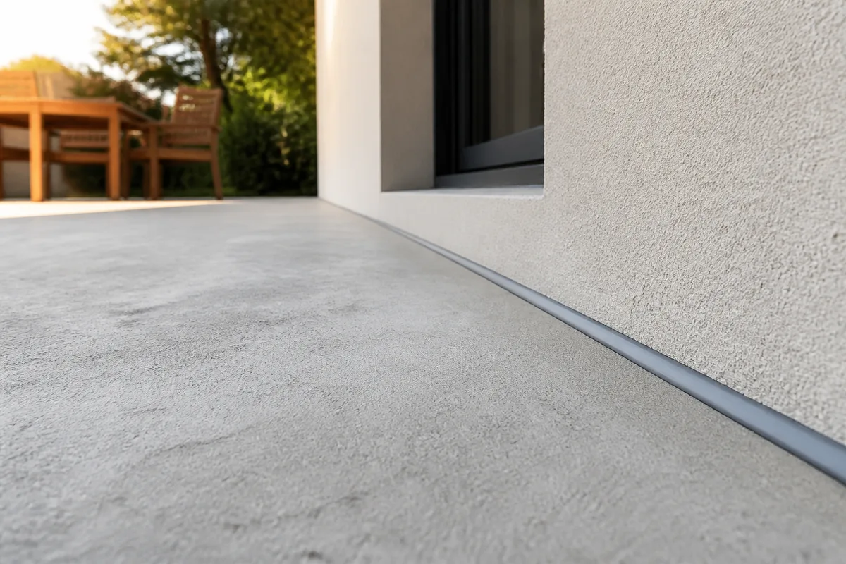 Terrasse en béton taloché avec joint de dilatation périphérique le long de la façade d&rsquo;une maison
