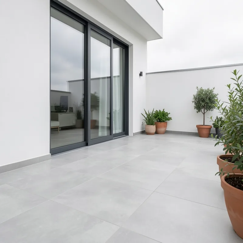 Terrasse contemporaine en grès cérame gris clair grand format devant une baie vitrée