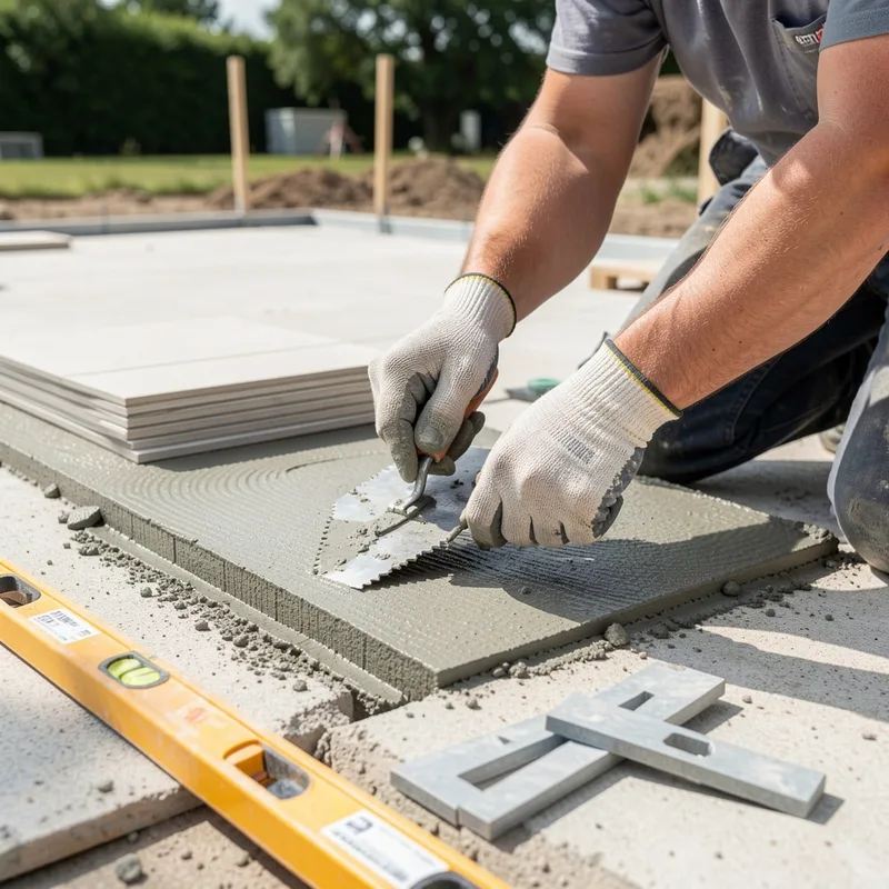Carreleur appliquant le mortier-colle au peigne sur une terrasse extérieure en cours de pose