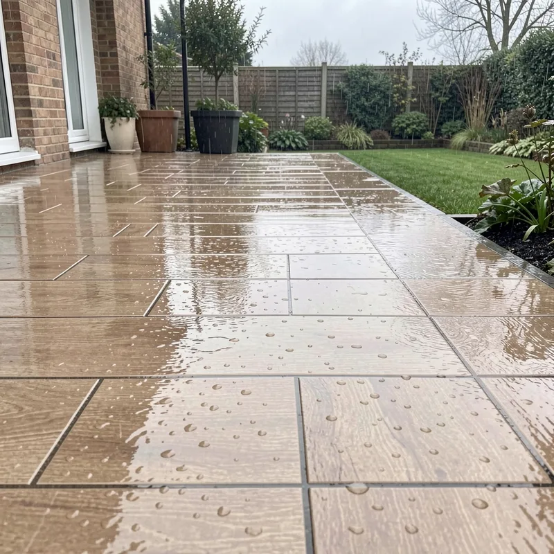 Terrasse en carrelage effet bois avec joints réguliers et pente vers le jardin sous la pluie