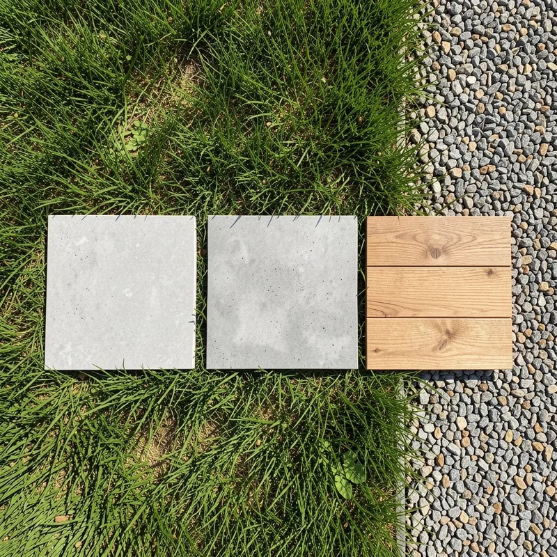Échantillons de carrelage extérieur effet pierre béton et bois posés au sol dans un jardin