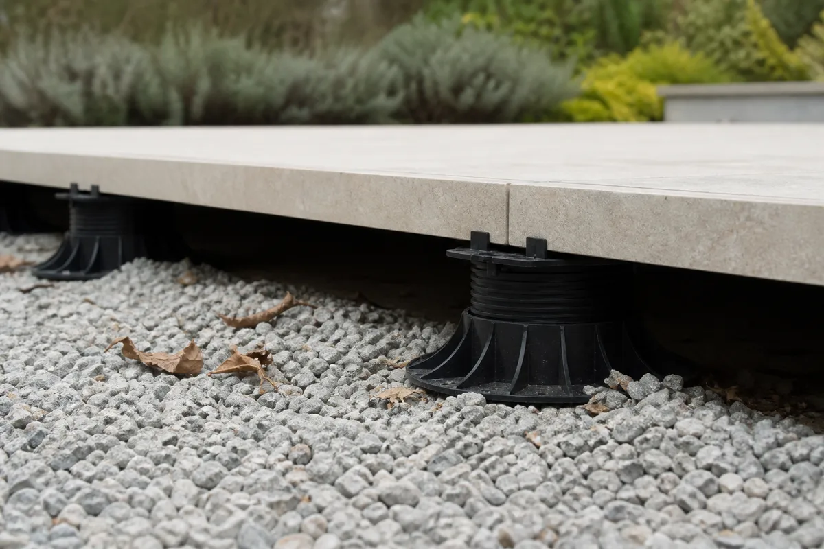 Terrasse en dalles de grès cérame posées sur plots réglables dans un jardin