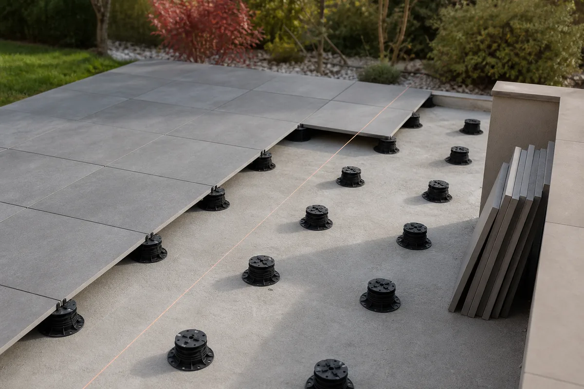 Terrasse sur plots en cours de pose avec règle de maçon et cordeau sur le support